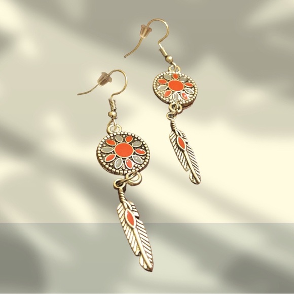 Duufin Women's Bohemian Vintage Drop Dangle with Feather Orange/Silver Earrings - Picture 1 of 5